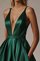 Load image into Gallery viewer, A Line Deep V Neck Satin Dark Green Prom Dress With Slit