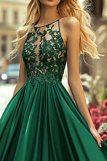 A Line Dark Green Satin Appliqued Long Prom Dress