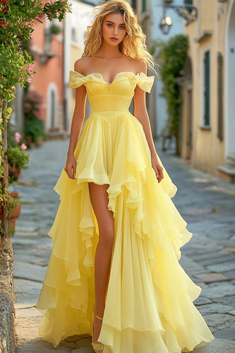 Yellow A Line Long Ruffled Prom Dress with Slit