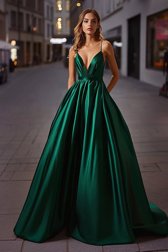 Elegant Dark Green A Line Spaghetti Straps Long Prom Dress