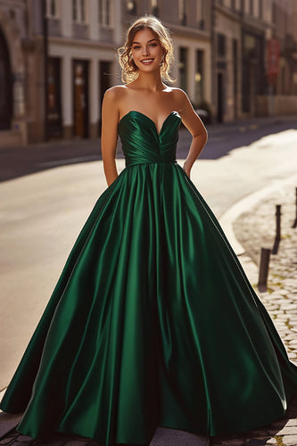 Satin A Line Dark Green Sweetheart Long Prom Dress