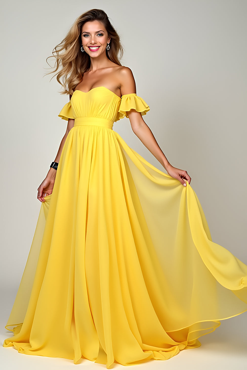 Off The Shoulder A Line Yellow Ruffled Bridesmaid Dress