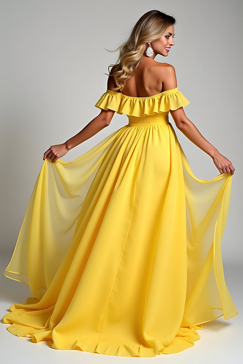 Load image into Gallery viewer, Off The Shoulder A Line Yellow Ruffled Bridesmaid Dress