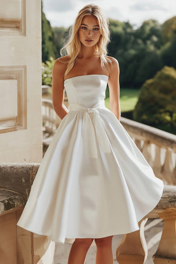White A Line Satin Strapless Midi Graduation Dress