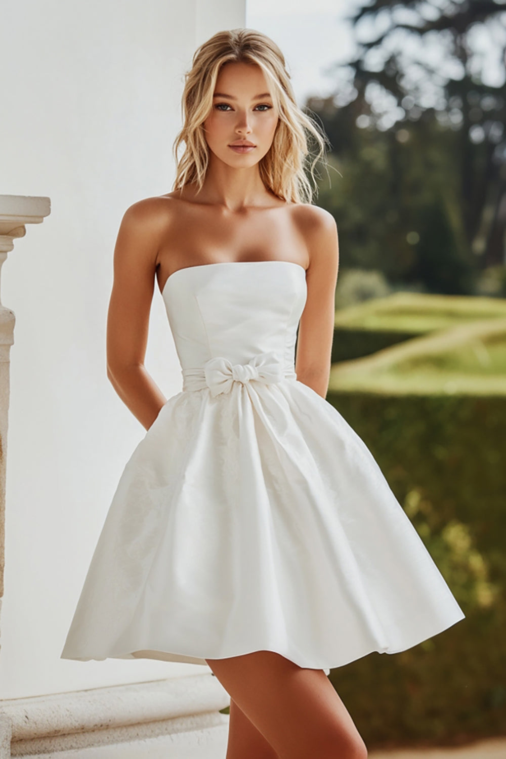 A Line White Strapless Satin Mini Graduation Dress