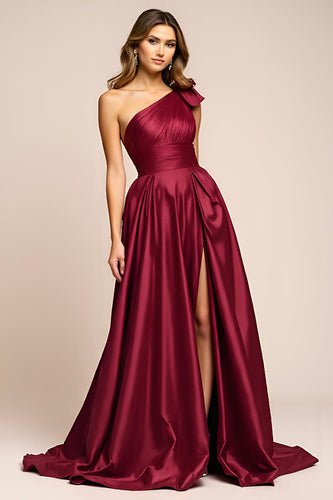 Elegant A Line Burgundy One Shoulder Long Prom Dress With Slit
