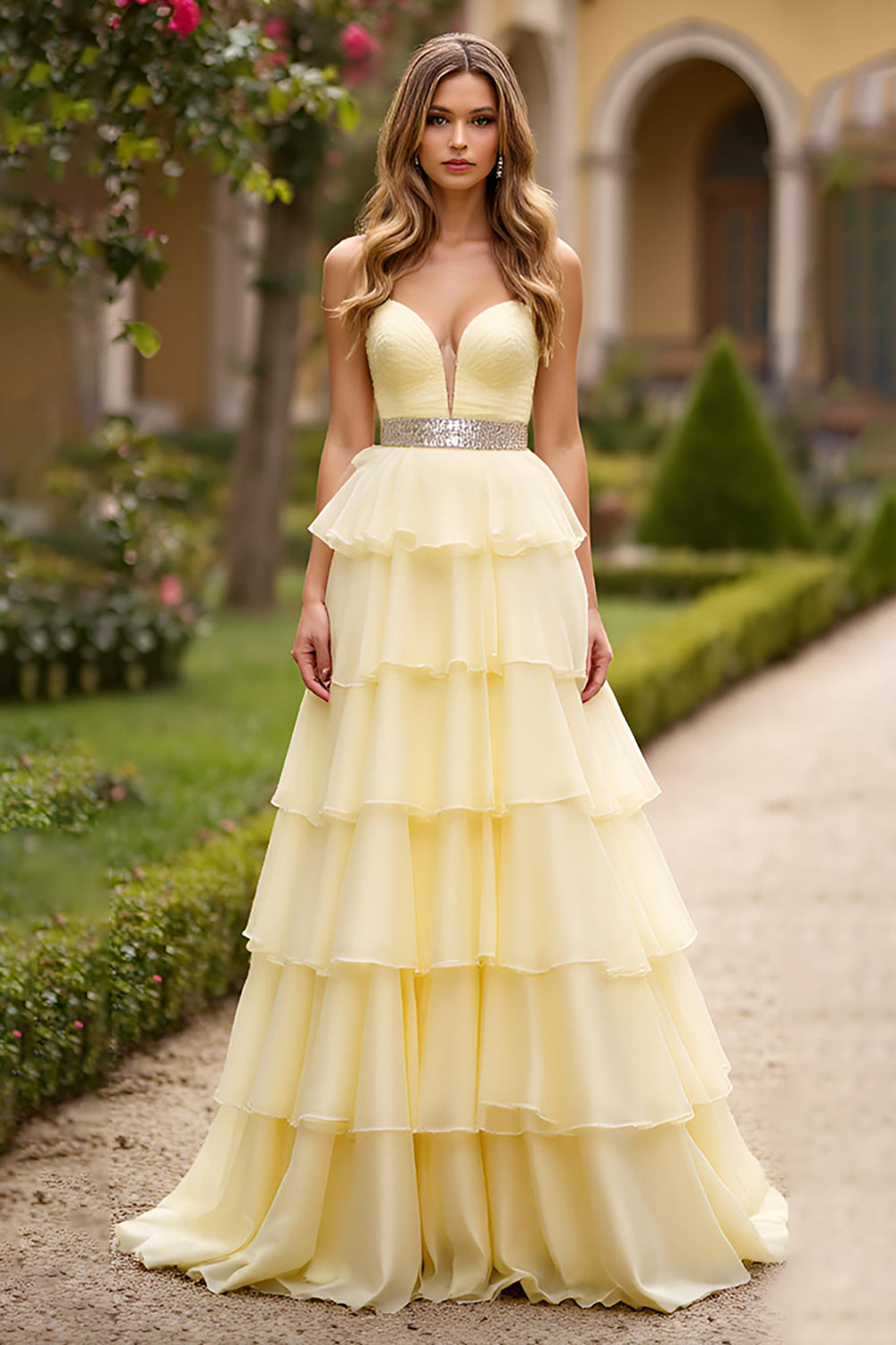 Light Yellow A Line Sweetheart Tiered Beaded Long Prom Dress