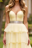 Load image into Gallery viewer, Light Yellow A Line Sweetheart Tiered Beaded Long Prom Dress