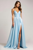 Load image into Gallery viewer, A Line Sky Blue Spaghetti Straps Long Prom Dress With Slit