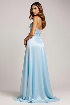 A Line Sky Blue Spaghetti Straps Long Prom Dress With Slit