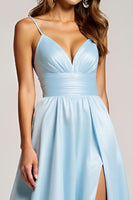 Load image into Gallery viewer, A Line Sky Blue Spaghetti Straps Long Prom Dress With Slit