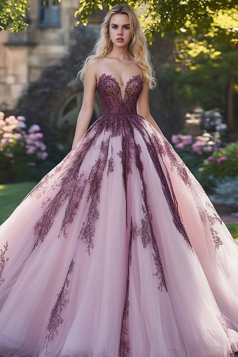 Load image into Gallery viewer, Grey Pink Spaghetti Straps Ball Gown Tulle Quinceanera Dress with Appliques