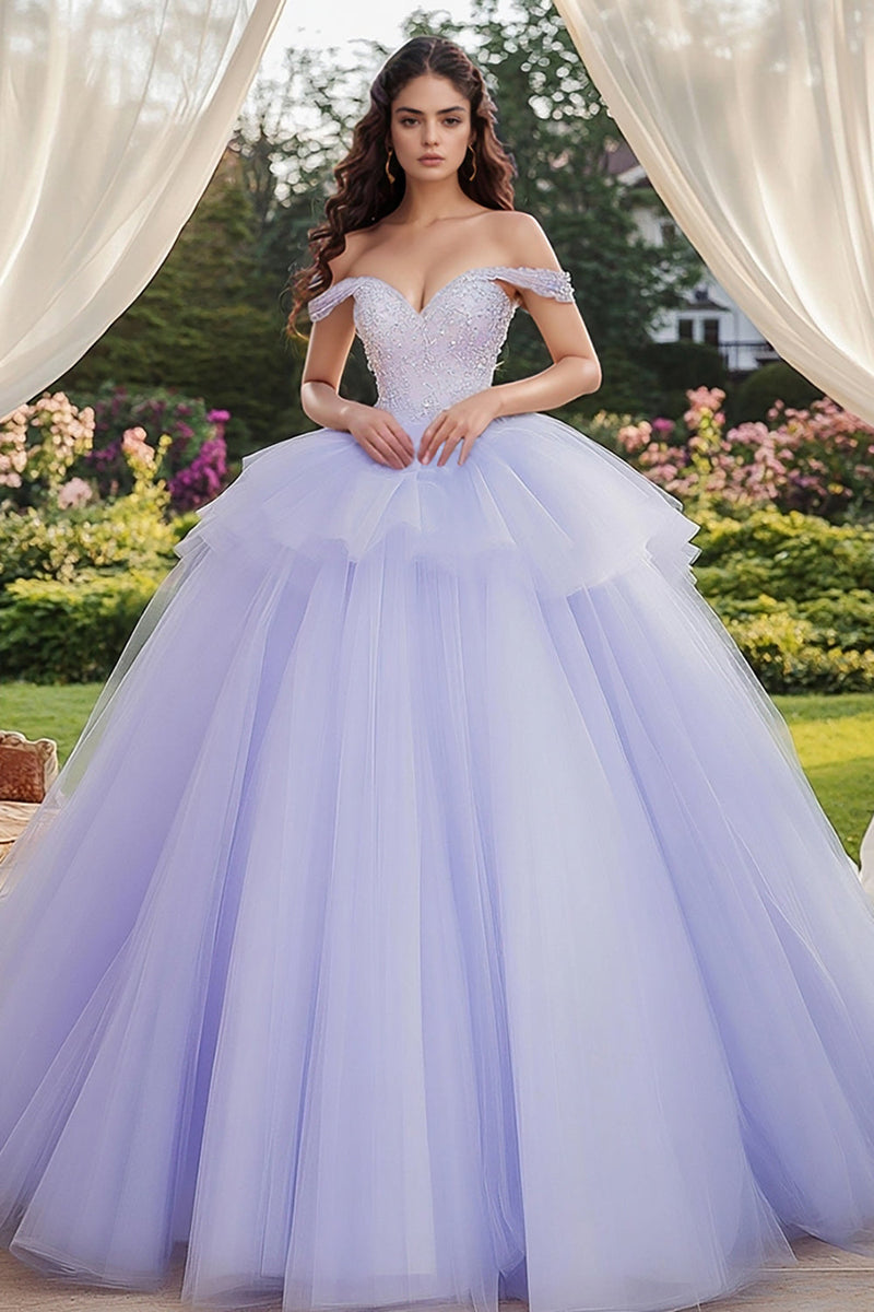 Load image into Gallery viewer, Lavender Off the Shoulder Tulle Ball Gown Applique Quinceanera Dress