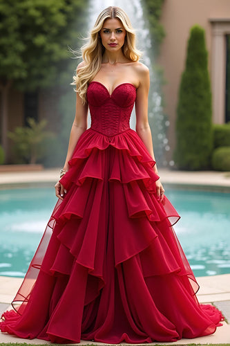 A Line Red Sweetheart Lace Long Prom Dress