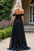 Load image into Gallery viewer, Black A Line Off The Shoulder Lace Prom Dress with Slit