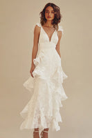 Load image into Gallery viewer, White V-neck A-Line Chiffon Ankle Length Little White Dress with Ruffles