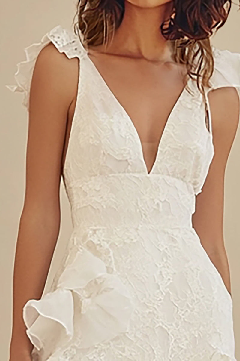 Load image into Gallery viewer, White V-neck A-Line Chiffon Ankle Length Little White Dress with Ruffles