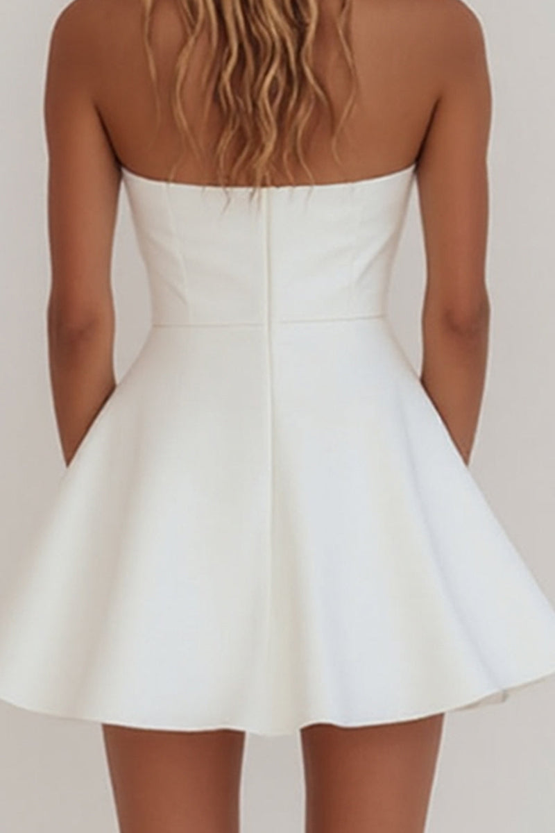 Load image into Gallery viewer, Simple White A-Line Strapless Little White Graduation Dress