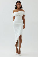 Load image into Gallery viewer, White Sheath Off the Shoulder Matte Satin Asymmetrical Graduation Dress