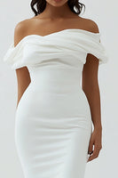 Load image into Gallery viewer, White Sheath Off the Shoulder Matte Satin Asymmetrical Graduation Dress