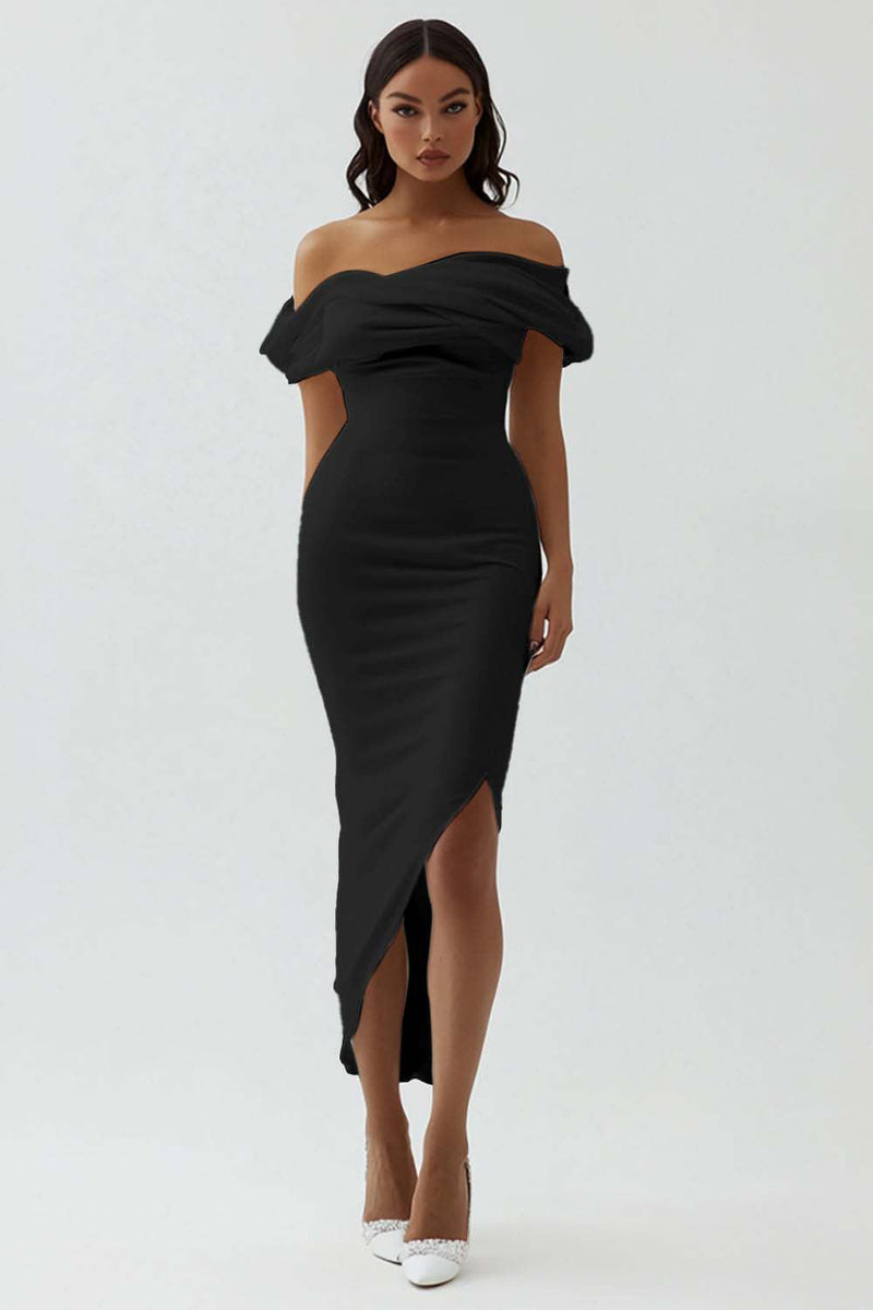 Load image into Gallery viewer, White Sheath Off the Shoulder Matte Satin Asymmetrical Graduation Dress