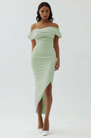 Load image into Gallery viewer, White Sheath Off the Shoulder Matte Satin Asymmetrical Graduation Dress