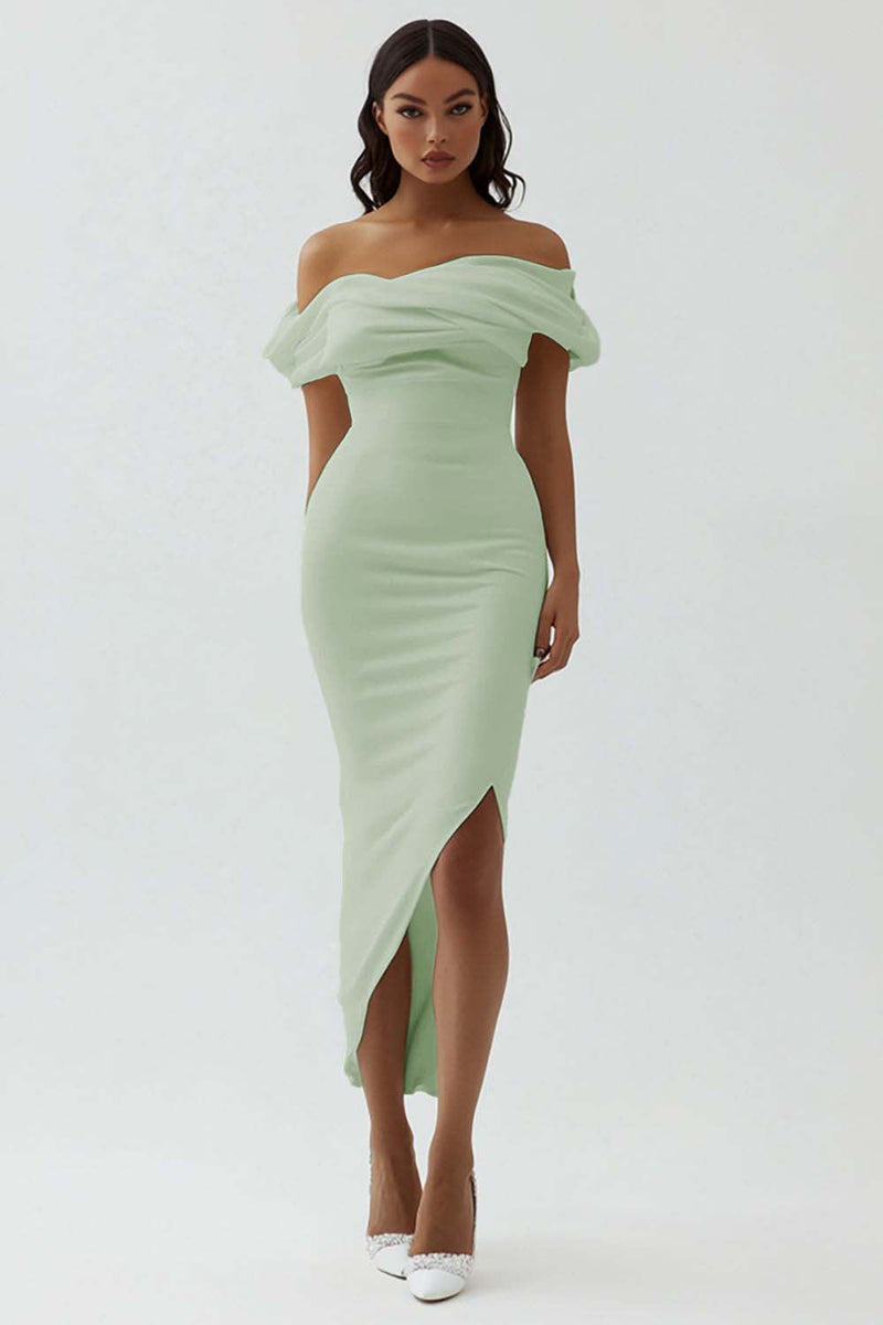Load image into Gallery viewer, White Sheath Off the Shoulder Matte Satin Asymmetrical Graduation Dress
