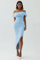 Load image into Gallery viewer, White Sheath Off the Shoulder Matte Satin Asymmetrical Graduation Dress