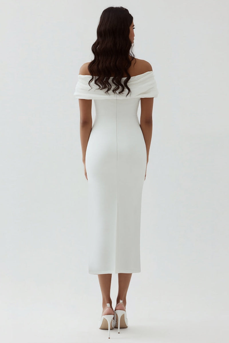 Load image into Gallery viewer, White Sheath Off the Shoulder Matte Satin Asymmetrical Graduation Dress
