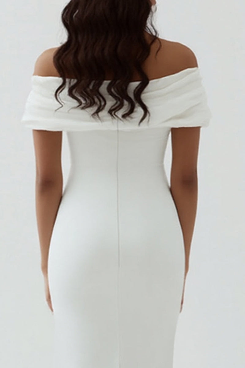 Load image into Gallery viewer, White Sheath Off the Shoulder Matte Satin Asymmetrical Graduation Dress