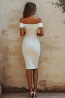 Load image into Gallery viewer, Chic Sheath Satin White Off the Shoulder Short Graduation Dress