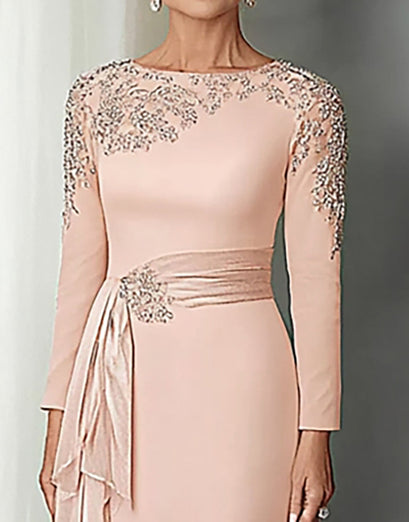 Blush Lace Sheath Mother Of The Bride Dress with Long Sleeves