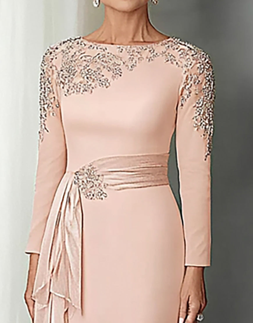 Load image into Gallery viewer, Blush Lace Sheath Mother Of The Bride Dress with Long Sleeves