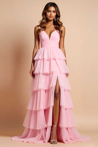 Blush Pink Tiered A Line Long Prom Dress With Ruffles