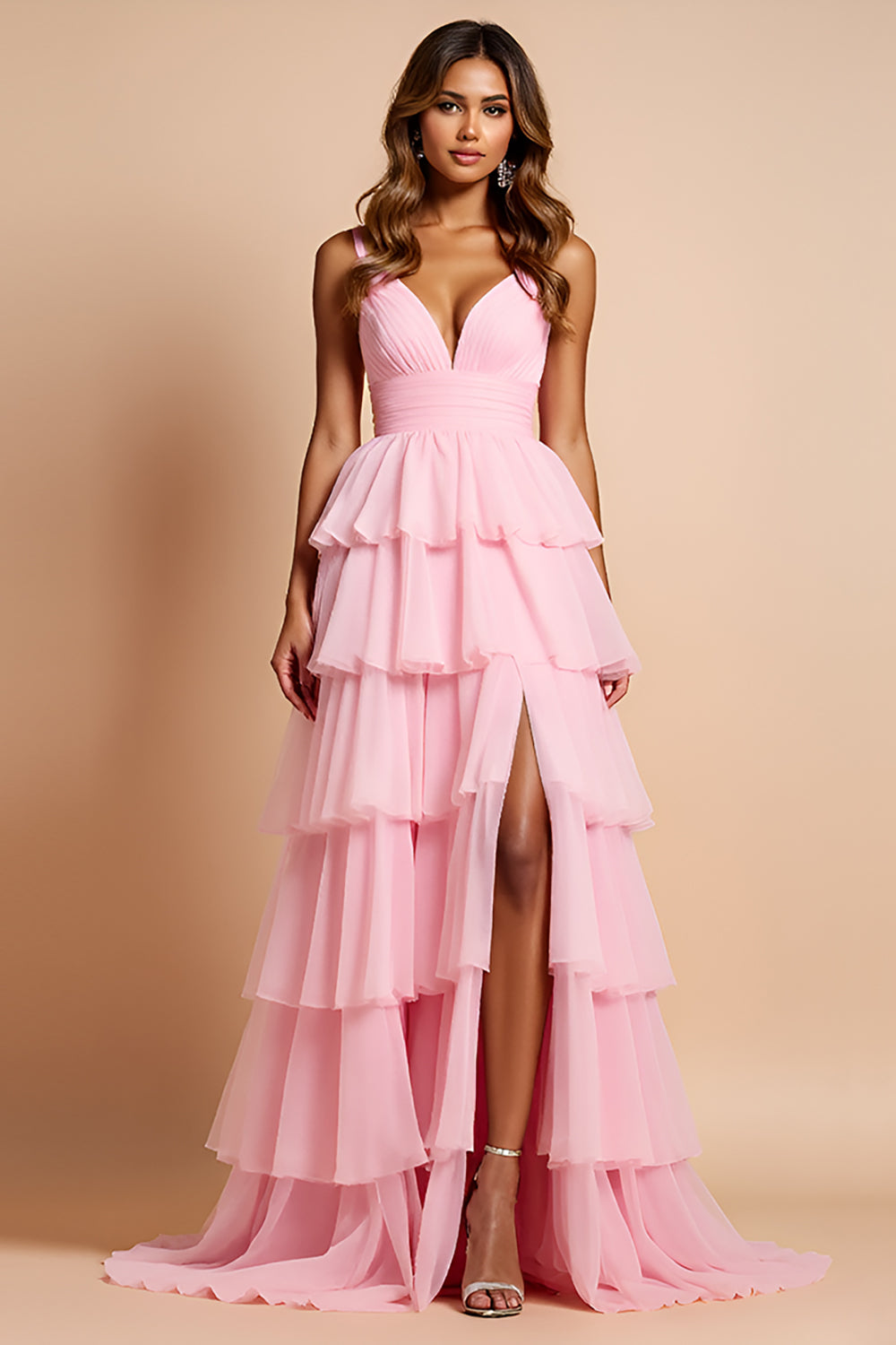 Blush Pink Tiered A Line Long Prom Dress With Ruffles