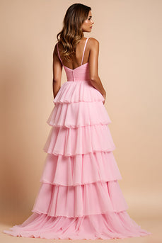 Blush Pink Tiered A Line Long Prom Dress With Ruffles