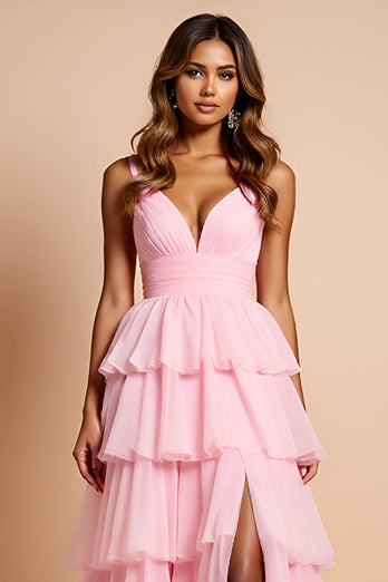 Blush Pink Tiered A Line Long Prom Dress With Ruffles