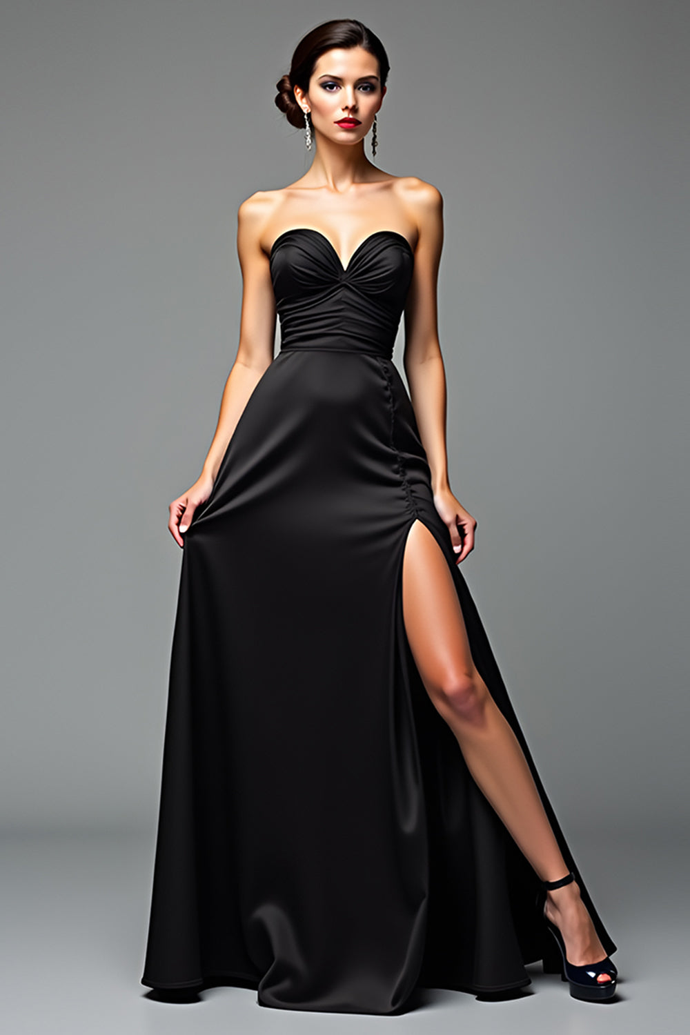 A Line Satin Sweetheart Long Black Tie Dress With Slit