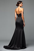 Load image into Gallery viewer, A Line Satin Sweetheart Long Black Tie Dress With Slit