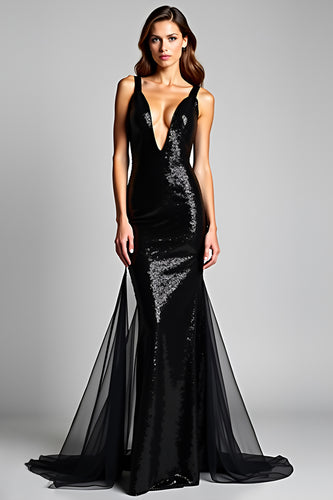 Tulle Mermaid Slit Long Spaghetti Straps Black Tie Dress