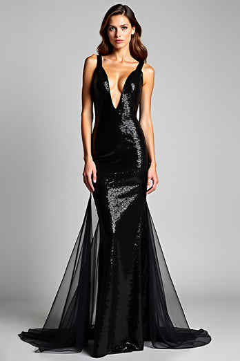 Tulle Mermaid Slit Long Spaghetti Straps Black Tie Dress