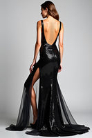 Load image into Gallery viewer, Tulle Mermaid Slit Long Spaghetti Straps Black Tie Dress