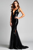 Load image into Gallery viewer, Tulle Mermaid Slit Long Spaghetti Straps Black Tie Dress