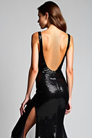 Load image into Gallery viewer, Tulle Mermaid Slit Long Spaghetti Straps Black Tie Dress