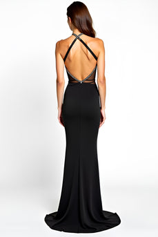 Halter Slit Long Mermaid Black Tie Dress