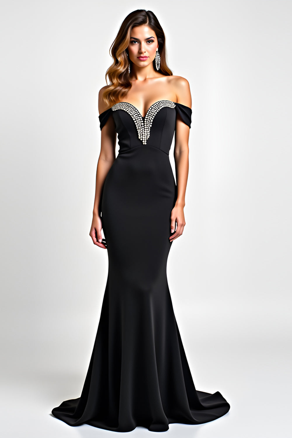Off The Shoulder Long Mermaid Hollow Out Black Tie Dress