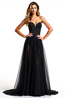 Load image into Gallery viewer, Beading Tulle Sweetheart A Line Long Black Tie Dress