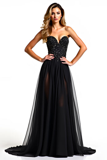 Beading Tulle Sweetheart A Line Long Black Tie Dress