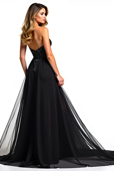 Beading Tulle Sweetheart A Line Long Black Tie Dress