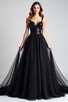 Load image into Gallery viewer, Tulle Long Spaghetti Straps A Line Black Tie Dress